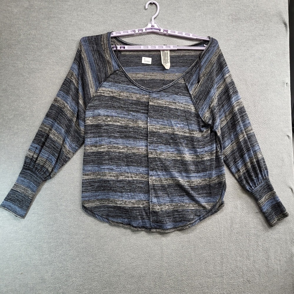 Free People Women Sweater Large‎ Gray Striped Carolina Hacci Knit Tunic Pullover